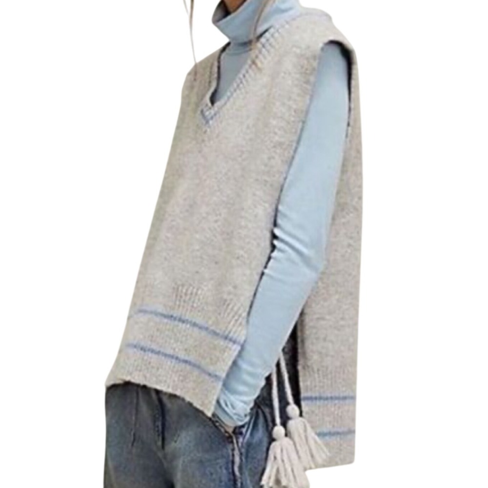 Free People Poncho Sweater One Size All Star Striped Sleeveless Vest Tassel